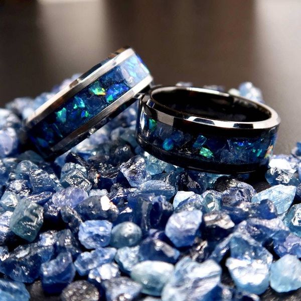 Alternate image for Sapphire Storm Ring, Tungsten Blue Opal Wedding Band, Glow in the Dark Ring