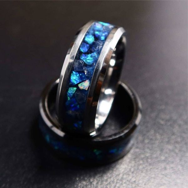 Alternate image for Sapphire Storm Ring, Tungsten Blue Opal Wedding Band, Glow in the Dark Ring
