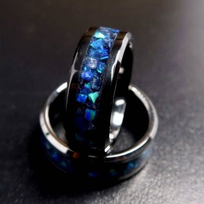Alternate image for Sapphire Storm Ring, Tungsten Blue Opal Wedding Band, Glow in the Dark Ring