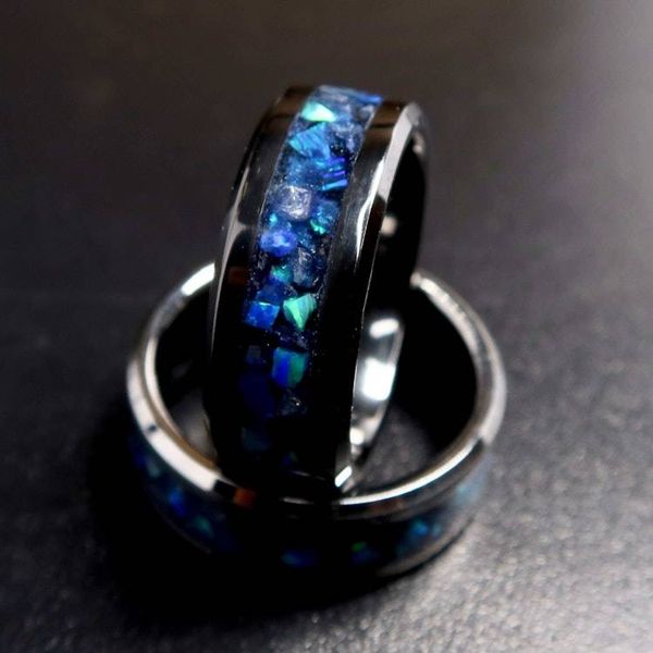 Alternate image for Sapphire Storm Ring, Tungsten Blue Opal Wedding Band, Glow in the Dark Ring
