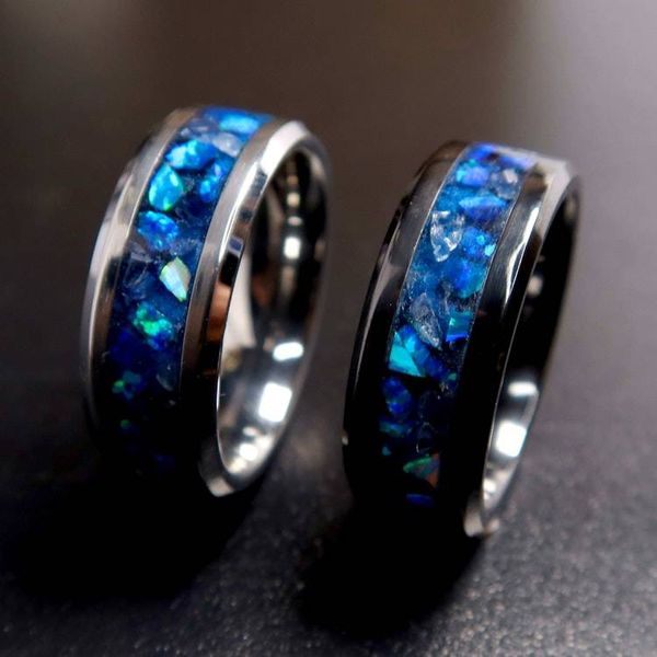 Alternate image for Sapphire Storm Ring, Tungsten Blue Opal Wedding Band, Glow in the Dark Ring