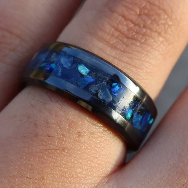 Alternate image for Sapphire Storm Ring, Tungsten Carbide Blue Opal Glow Wedding Band