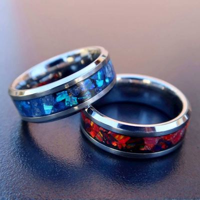 Alternate image for Sapphire Storm Ring, Tungsten Blue Opal Wedding Band, Glow in the Dark Ring