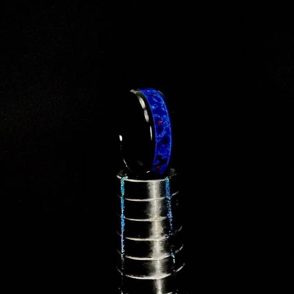 Alternate image for Sapphire Storm Ring, Tungsten Blue Opal Wedding Band, Glow in the Dark Ring