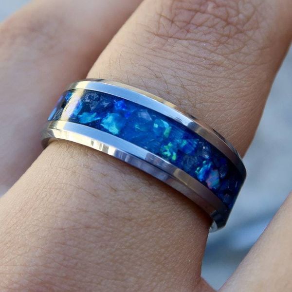 Alternate image for Sapphire Storm Ring, Tungsten Carbide Blue Opal Glow Wedding Band