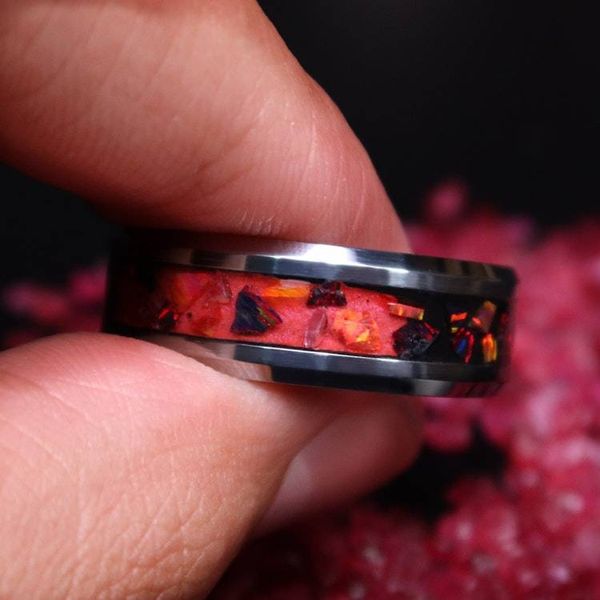 Alternate image for Handmade Lava Rock Tungsten Ring, Ruby Red Opal Glow Wedding Band
