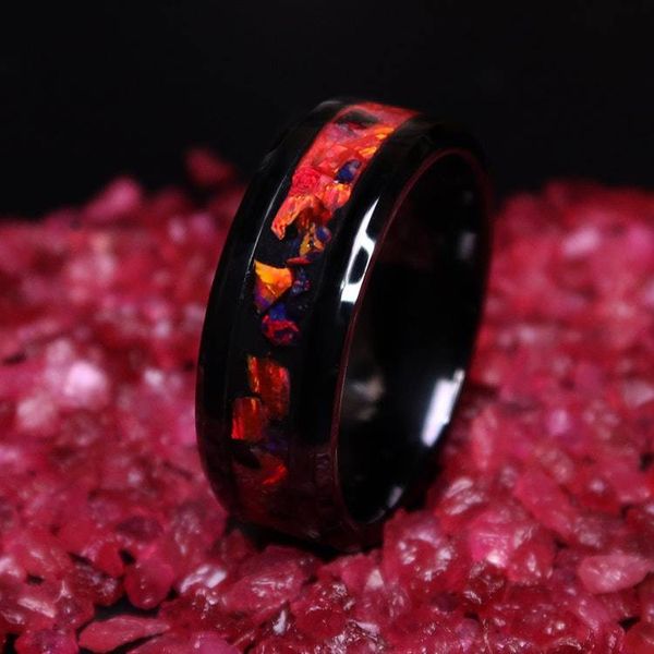 Alternate image for Handmade Lava Rock Tungsten Ring, Ruby Red Opal Glow Wedding Band