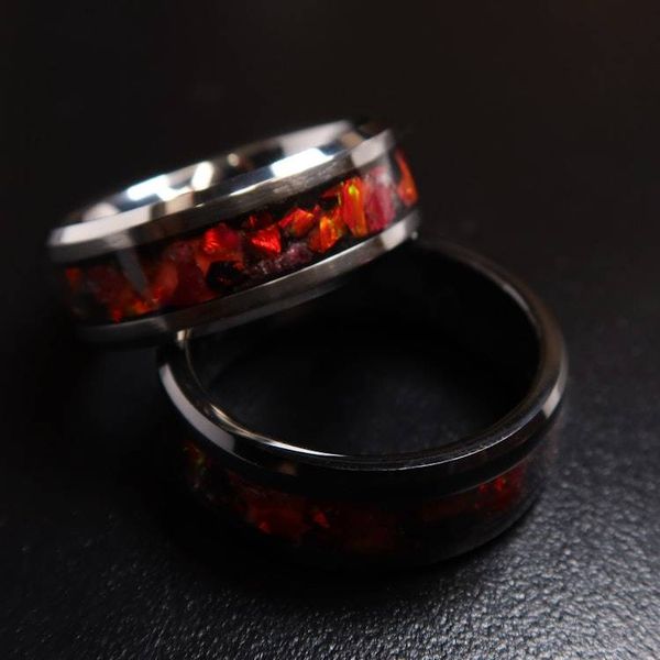 Alternate image for Handmade Lava Rock Tungsten Ring, Ruby Red Opal Glow Wedding Band