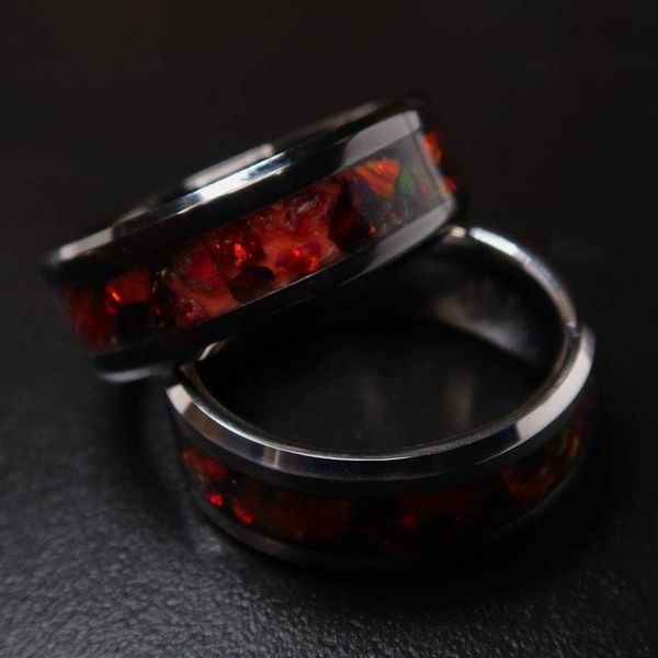 Alternate image for Handmade Lava Rock Tungsten Ring, Ruby Red Opal Glow Wedding Band