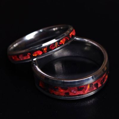 Alternate image for Handmade Lava Rock Tungsten Ring, Ruby Red Opal Glow Wedding Band
