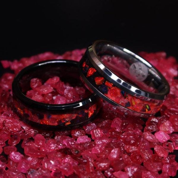Alternate image for Handmade Lava Rock Tungsten Ring, Ruby Red Opal Glow Wedding Band
