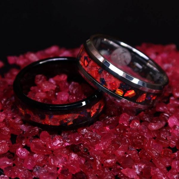 Alternate image for Handmade Lava Rock Tungsten Ring, Ruby Red Opal Glow Wedding Band