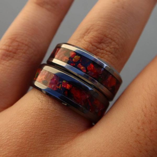 Alternate image for Handmade Lava Rock Ring, Ruby Red Opal Tungsten Inlay, Glow in the Dark Wedding Band