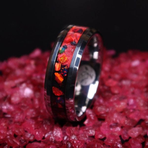 Alternate image for Handmade Lava Rock Ring, Ruby Red Opal Tungsten Inlay, Glow in the Dark Wedding Band