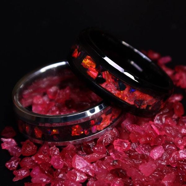 Alternate image for Handmade Lava Rock Ring, Ruby Red Opal Tungsten Inlay, Glow in the Dark Wedding Band