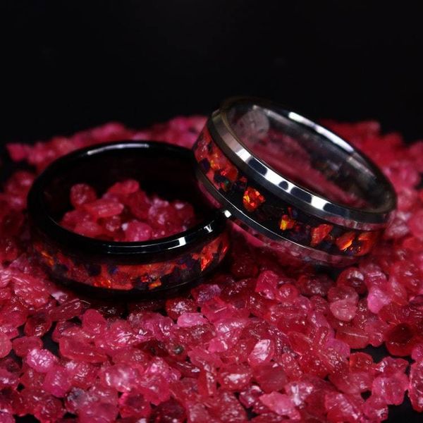 Alternate image for Handmade Lava Rock Ring, Ruby Red Opal Tungsten Inlay, Glow in the Dark Wedding Band