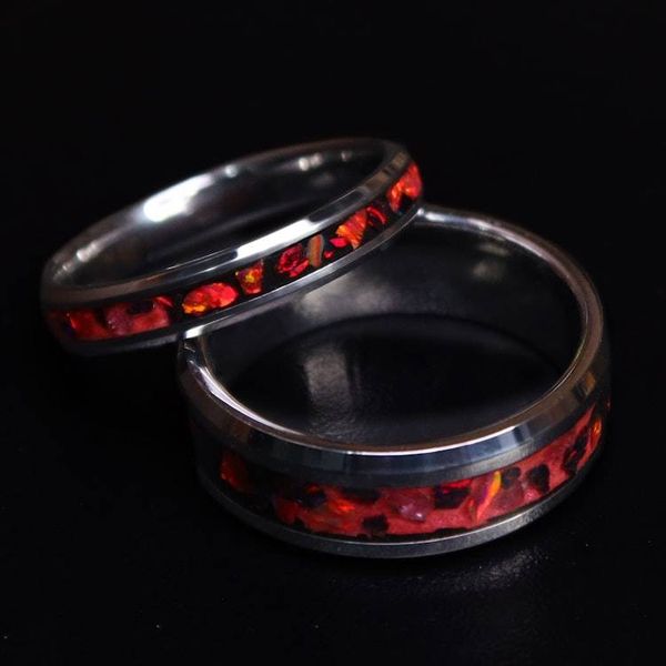 Alternate image for Handmade Lava Rock Ring, Ruby Red Opal Tungsten Inlay, Glow in the Dark Wedding Band