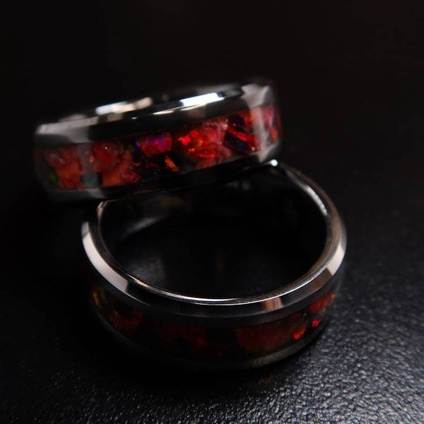 Alternate image for Handmade Lava Rock Ring, Ruby Red Opal Tungsten Inlay, Glow in the Dark Wedding Band