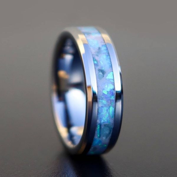 Alternate image for Handmade Aquamarine Zircon Ring, Blue Opal Tungsten Wedding Band