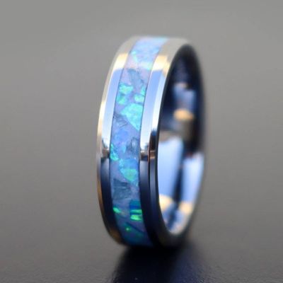 Alternate image for Handmade Aquamarine Zircon Ring, Blue Opal Tungsten Wedding Band