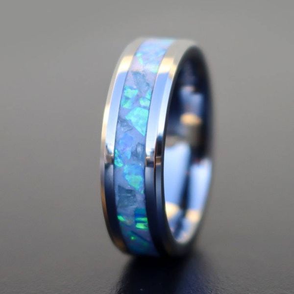 Alternate image for Handmade Aquamarine Zircon Ring, Blue Opal Tungsten Wedding Band