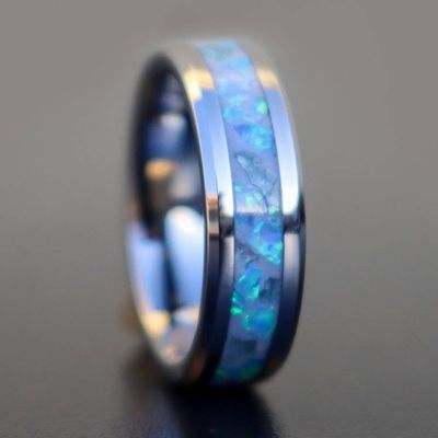 Alternate image for Handmade Aquamarine Zircon Ring, Blue Opal Tungsten Wedding Band