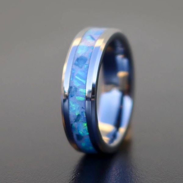 Alternate image for Handmade Aquamarine Zircon Ring, Blue Opal Tungsten Wedding Band