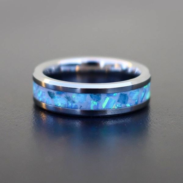 Alternate image for Handmade Aquamarine Zircon Ring, Blue Opal Tungsten Wedding Band