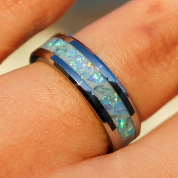 Alternate image for Handmade Aquamarine Zircon Ring, Blue Opal Tungsten Wedding Band