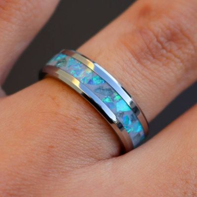 Alternate image for Handmade Aquamarine Zircon Ring, Blue Opal Tungsten Wedding Band