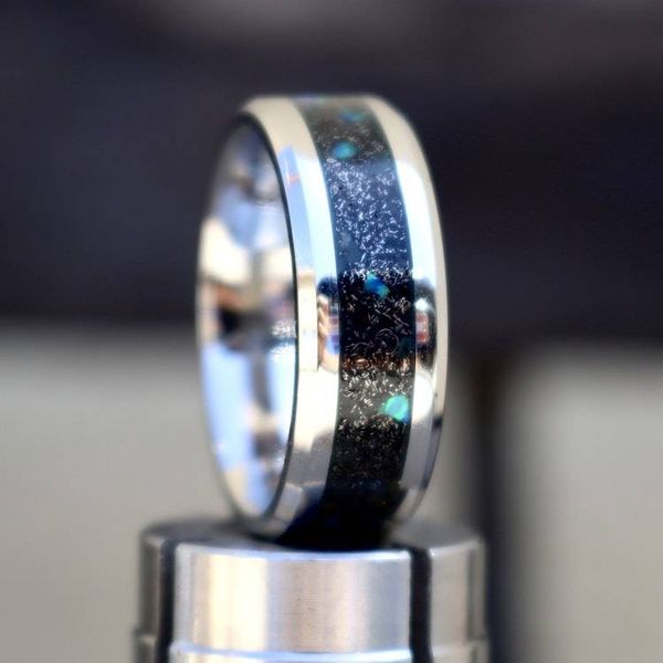 Alternate image for Meteorite Tungsten Ring, Diamond Dust, Blue Opal Inlay, Glow in the Dark Wedding Band