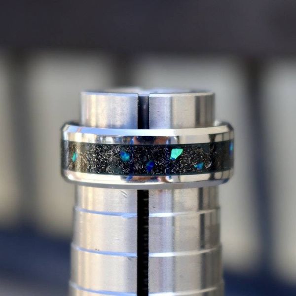 Alternate image for Meteorite Tungsten Ring, Diamond Dust, Blue Opal Inlay, Glow in the Dark Wedding Band