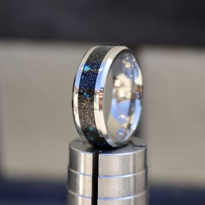 Alternate image for Meteorite Tungsten Ring, Diamond Dust, Blue Opal Inlay, Glow in the Dark Wedding Band