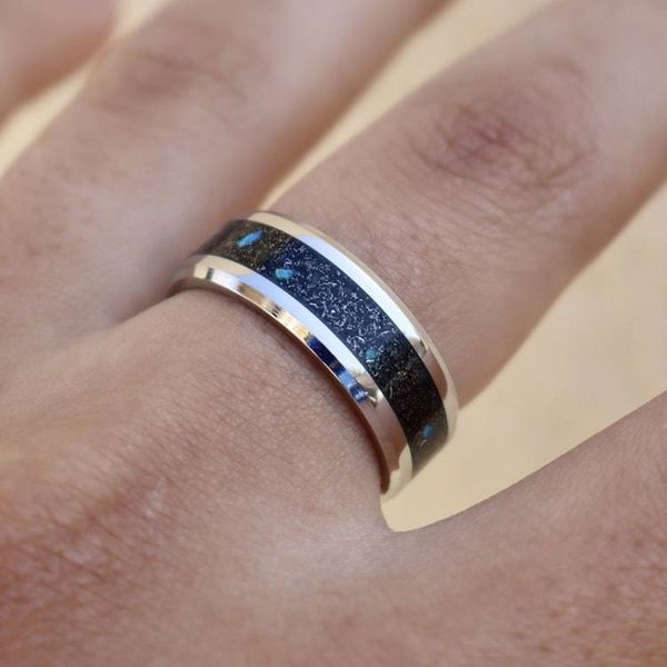 Alternate image for Meteorite Tungsten Ring, Diamond Dust, Blue Opal Inlay, Glow in the Dark Wedding Band