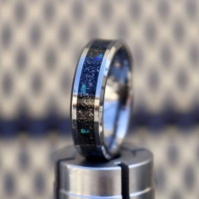 Alternate image for Meteorite Tungsten Ring, Diamond Dust, Blue Opal Inlay, Glow in the Dark Wedding Band