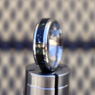 Alternate image for Meteorite Tungsten Ring, Diamond Dust, Blue Opal Inlay, Glow in the Dark Wedding Band