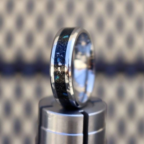 Alternate image for Meteorite Tungsten Ring, Diamond Dust, Blue Opal Inlay, Glow in the Dark Wedding Band