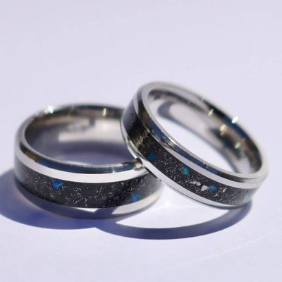 Alternate image for Meteorite Tungsten Ring, Diamond Dust, Blue Opal Inlay, Glow in the Dark Wedding Band