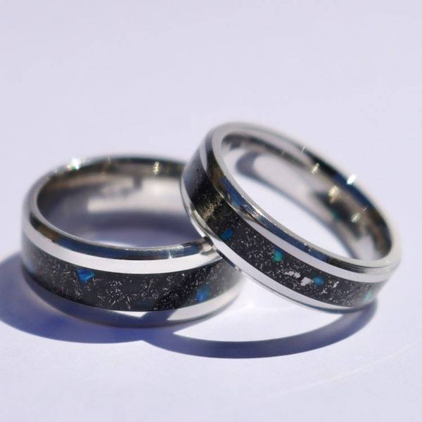 Alternate image for Meteorite Tungsten Ring, Diamond Dust, Blue Opal Inlay, Glow in the Dark Wedding Band