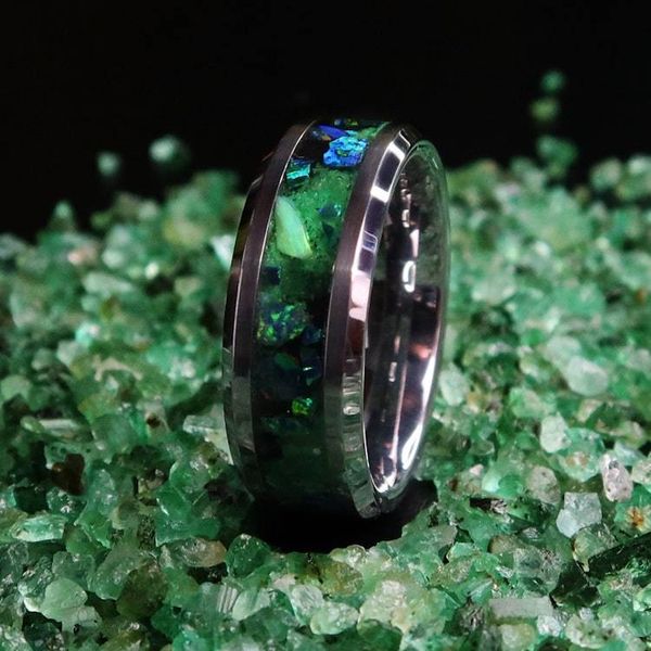 Alternate image for Emerald Forest Tungsten Ring, Green Opal Inlay, Glow in the Dark Wedding Band