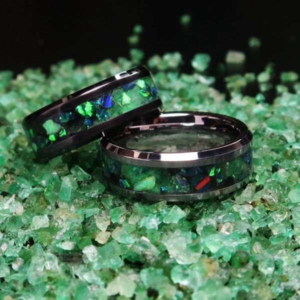 Alternate image for Emerald Forest Tungsten Ring, Green Opal Inlay, Glow in the Dark Wedding Band