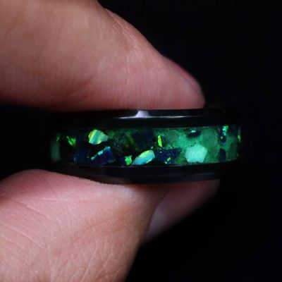 Alternate image for Emerald Forest Tungsten Ring, Green Opal Inlay, Glow in the Dark Wedding Band