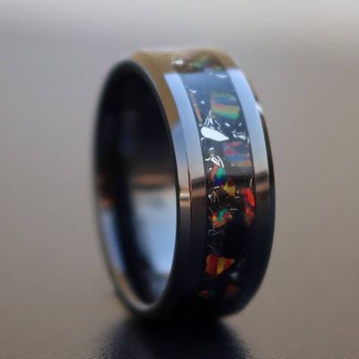 Primary image for Handmade Black Ceramic Ring: Fire Opal, Meteorite, and Obsidian Inlay