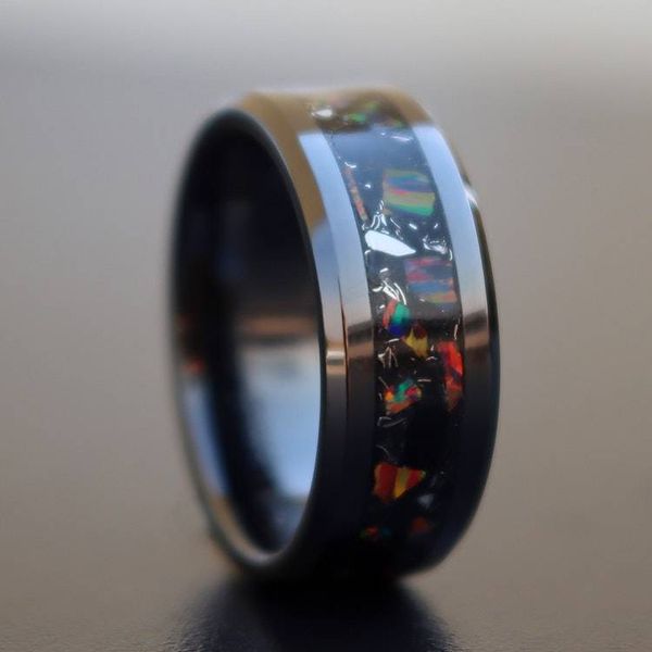 Alternate image for Handmade Black Ceramic Ring: Fire Opal, Meteorite, and Obsidian Inlay