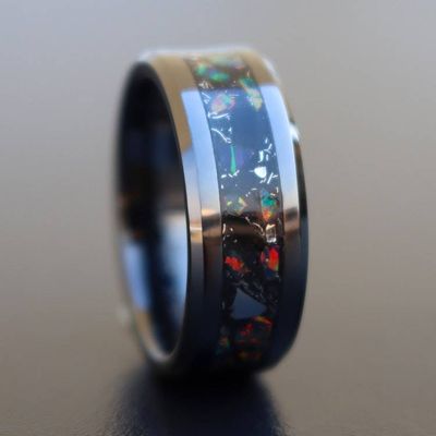 Alternate image for Handmade Black Ceramic Ring: Fire Opal, Meteorite, and Obsidian Inlay