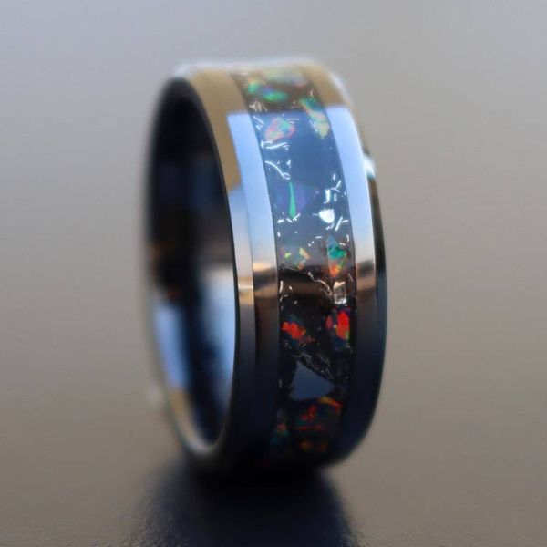 Alternate image for Handmade Black Ceramic Ring: Fire Opal, Meteorite, and Obsidian Inlay