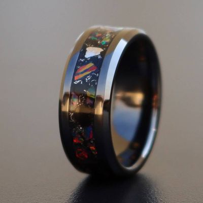 Alternate image for Handmade Black Ceramic Ring: Fire Opal, Meteorite, and Obsidian Inlay