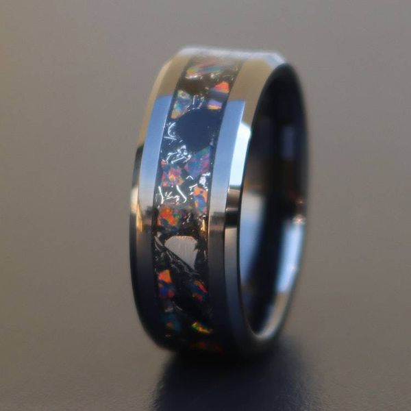 Alternate image for Handmade Black Ceramic Ring: Fire Opal, Meteorite, and Obsidian Inlay