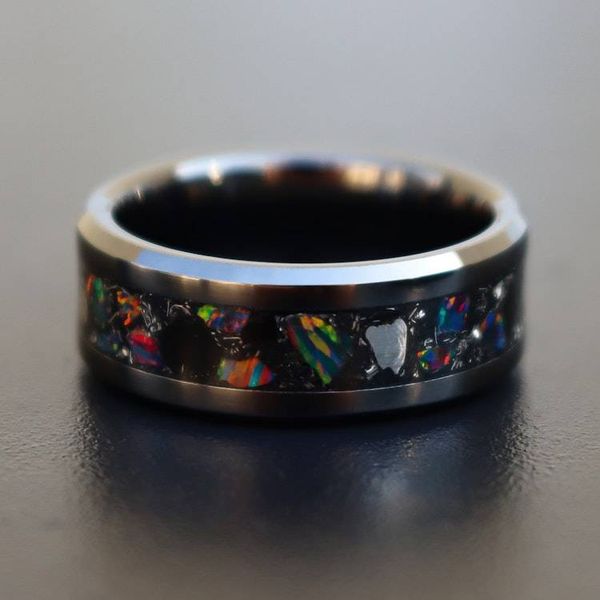Alternate image for Handmade Black Ceramic Ring: Fire Opal, Meteorite, and Obsidian Inlay
