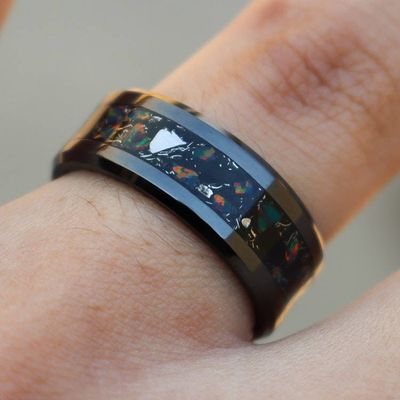 Alternate image for Handmade Black Ceramic Ring: Fire Opal, Meteorite, and Obsidian Inlay